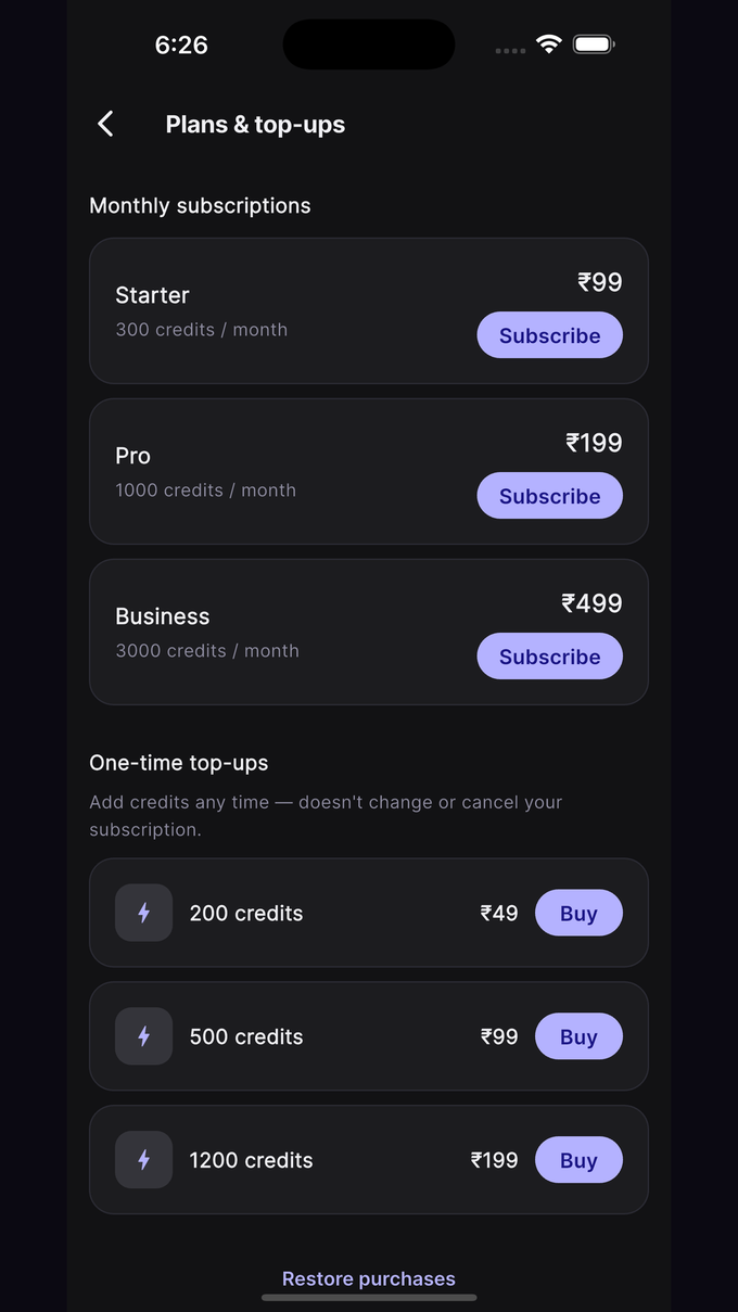Subscription and credits screen showing plans and a clear breakdown of remaining credits