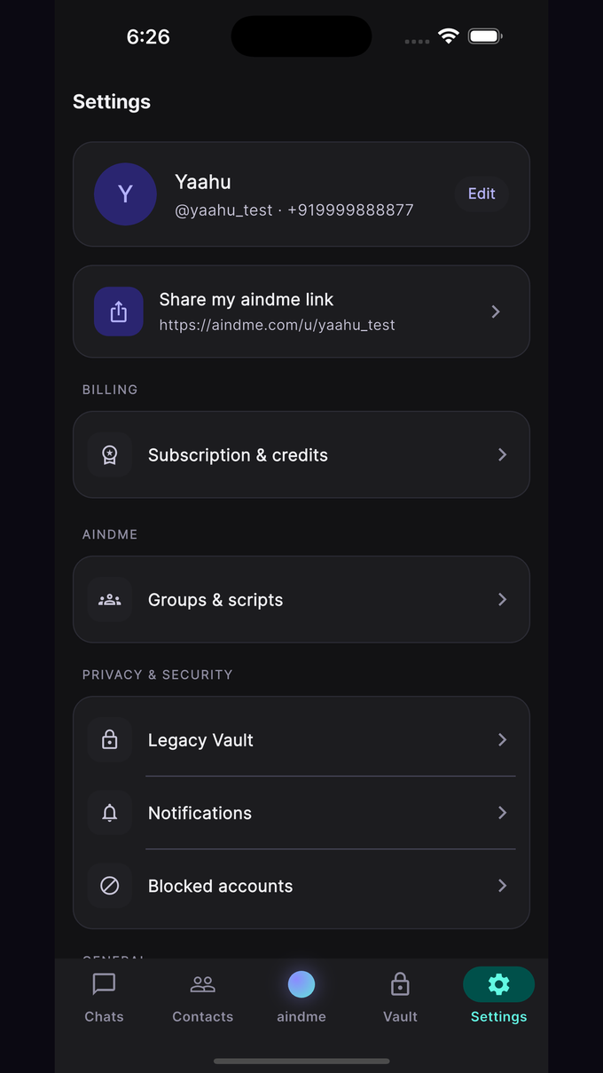 Settings screen showing account, notifications and blocked accounts controls