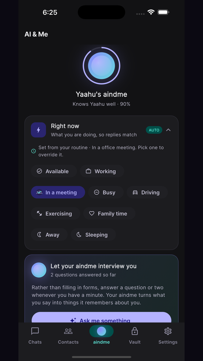 The AI and Me screen showing aindme knows the user is in a meeting, with quick status buttons like Driving, Sleeping and Family time